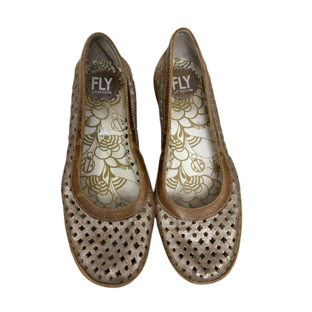 Fly London Yobe gold perforated leather wedge pumps Women's Size 37 / 7 - Picture 2 of 9